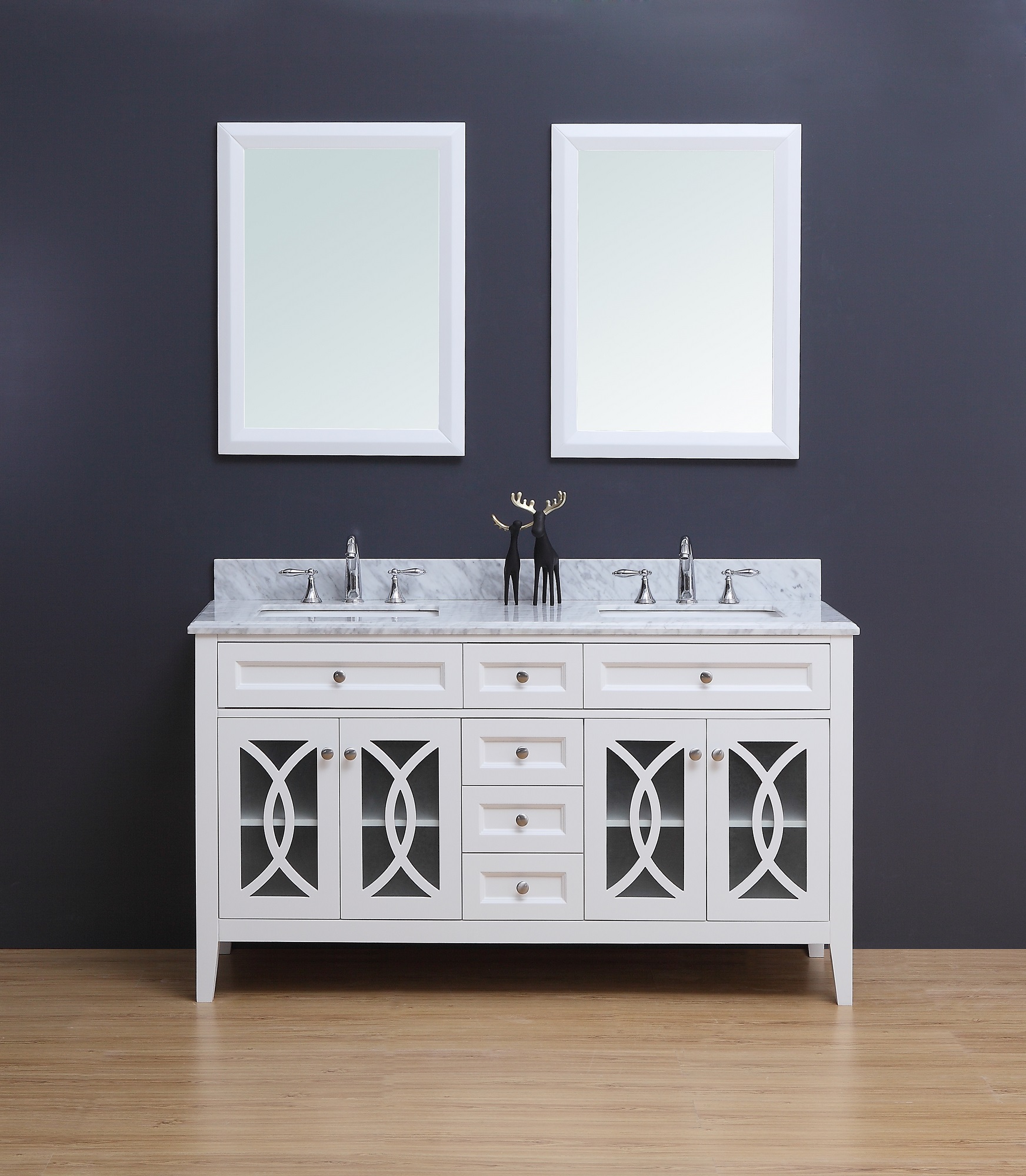 Rocca Transitional Bathroom Vanity Set, White Bathroom Vanity With Carrera Marble Top