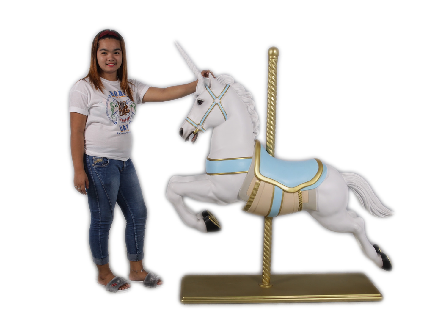 large carousel horse statue white with flowers