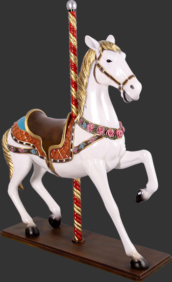 large carousel horse statue white with flowers