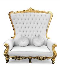 Double High Back Chair Queen Throne in White Leather Gold Frame