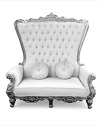 Double High Back Chair Queen Throne in White Leather Silver Frame