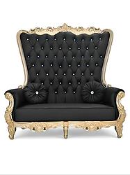Double High Back Chair Queen Throne in Black Leather and Gold Frame