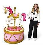 Large Pink Carousel Horse Statue with Flowers on Base